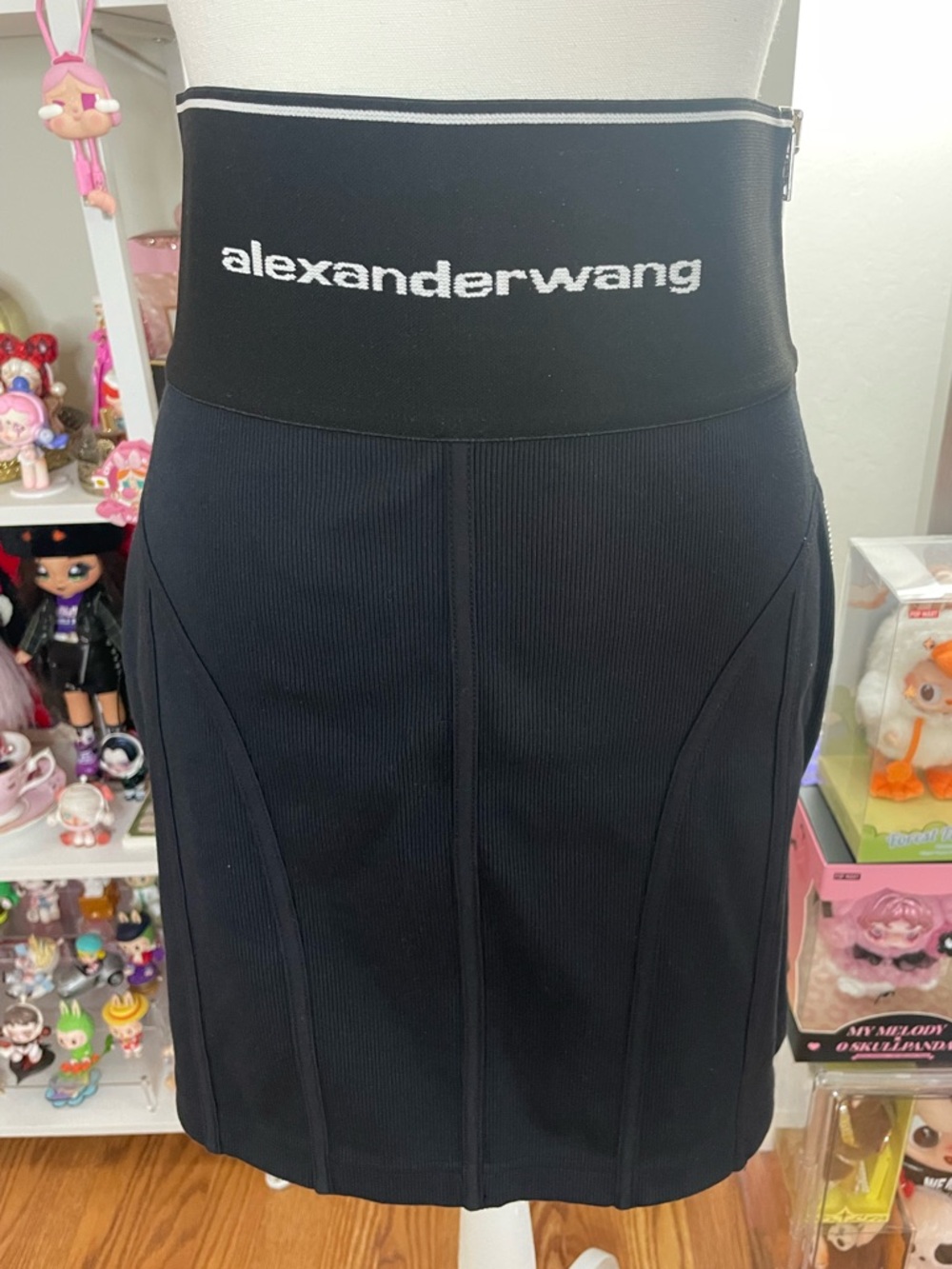 Alexander Wang Ribbed Logo High Waisted Mini Skirt Black Size L NWT